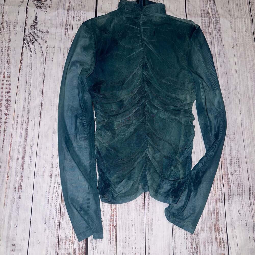 Y2K Sheer Green Ruched Mesh Top Dark Academia Fairycore Blouse-M - Picture 2 of 8